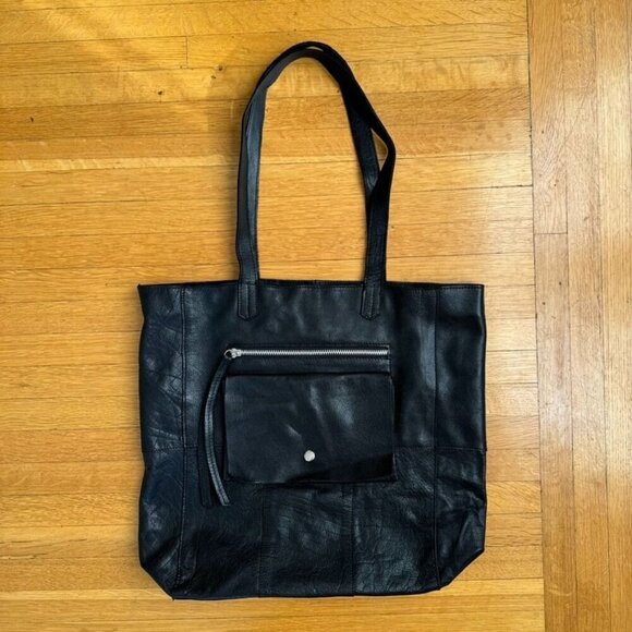 Anthropologie Day & Mood Heather Tote Bag Black Pebbled Leather Silver Hardware - Picture 1 of 10